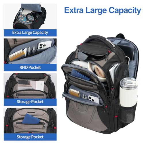 Image of KROSER TSA Friendly Travel Laptop Backpack 17.3 inch XXXL Gaming Backpack Water-Repellent College Daypack Business Backpack with RFID Pockets & USB Port for Men /Women-Black /Light Browm