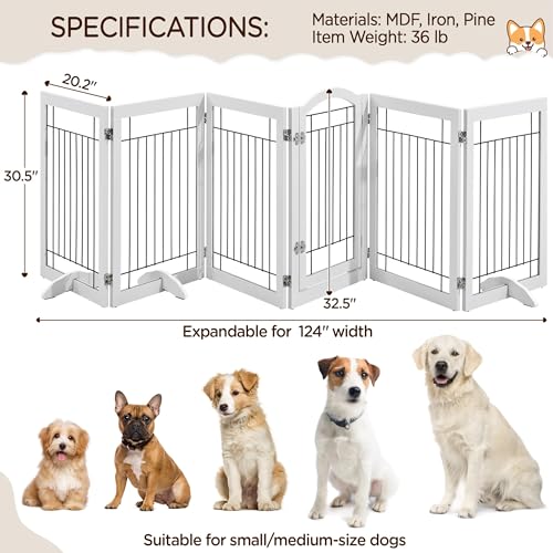 Image of Yaheetech 32-inch Tall Dog Gate with Door Extra Wide Pet Gate for Dogs, Foldable Wire & Wooden Puppy Safety Fence w /3 Support Feet,Freestanding Dog Gate for The House, Doorway, Stairs(White,6 Panels) | Sturdy Construction, Durable Support Feet, Tool-Free Setup, Fold Flat Barrier Ideal for Small /Medium Dogs, White