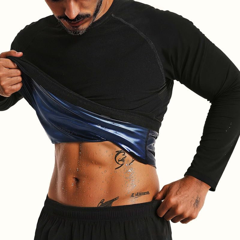 FEVOHOT Sauna Shirt for Men Weight Loss Long Sleeve Slimming Sweat Sauna Suit Heat Trapping Compression Gym Workout Body Shaper(L-BK XL)
