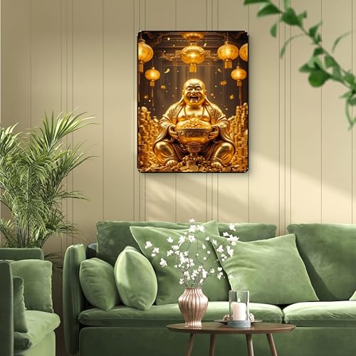 Image of SAF Golden Laughing Buddha Wall Art | Wealth Money Gold Coin Blessing Painting in Black Frame Sparkle Lamination | Feng Shui Vastu Decor for Office Business Success (14 Inch x 11 Inch) K-36116