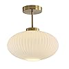 KCO Lighting 11.8‘’ White Ribbed Glass Semi Flush Mount Ceiling Light Large Milk Glass Ceiling Lights Fixture Brushed Gold Flush Mount Bathroom Light Mid Century Modern Entry Lights