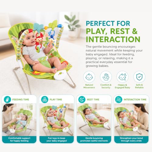 Image of Safe-O-Kid Sonora Baby Bouncer with 1 Year Warranty, Multi-Position Reclining with Vibrations, Safety Harness and Toy Bar- Green