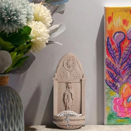 QZWHLSM 20" Gothic Virgin Mary Wall Holy Water Niche,Vintage Cathedral Prayer Decor,Catholic Blessed Home Wall Ornament,Rosary Storage Faith Gift (Sandstone) by QZWHLSM - Used condition - Image 8