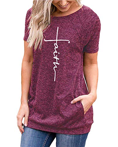 Mansy Women's Summer Short Sleeve Tops Causal Loose Letter Print T Shirt Tunics with Pocket Round Neck Red