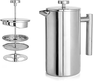Dwuścienny izolowany ekspres do kawy i herbaty ze stali nierdzewnej,Duży ekspres do kawy z prasą francuską-filtracja z mikrosiatek,Bez fusów, nierdzewny, można myć w zmywarce (33.82oz(1000ML))