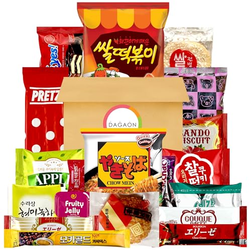 Dagaon Korean Japanese Snack Box 20 Count - Collection of Snacks Including Ramen, Biscuits, Cookies,