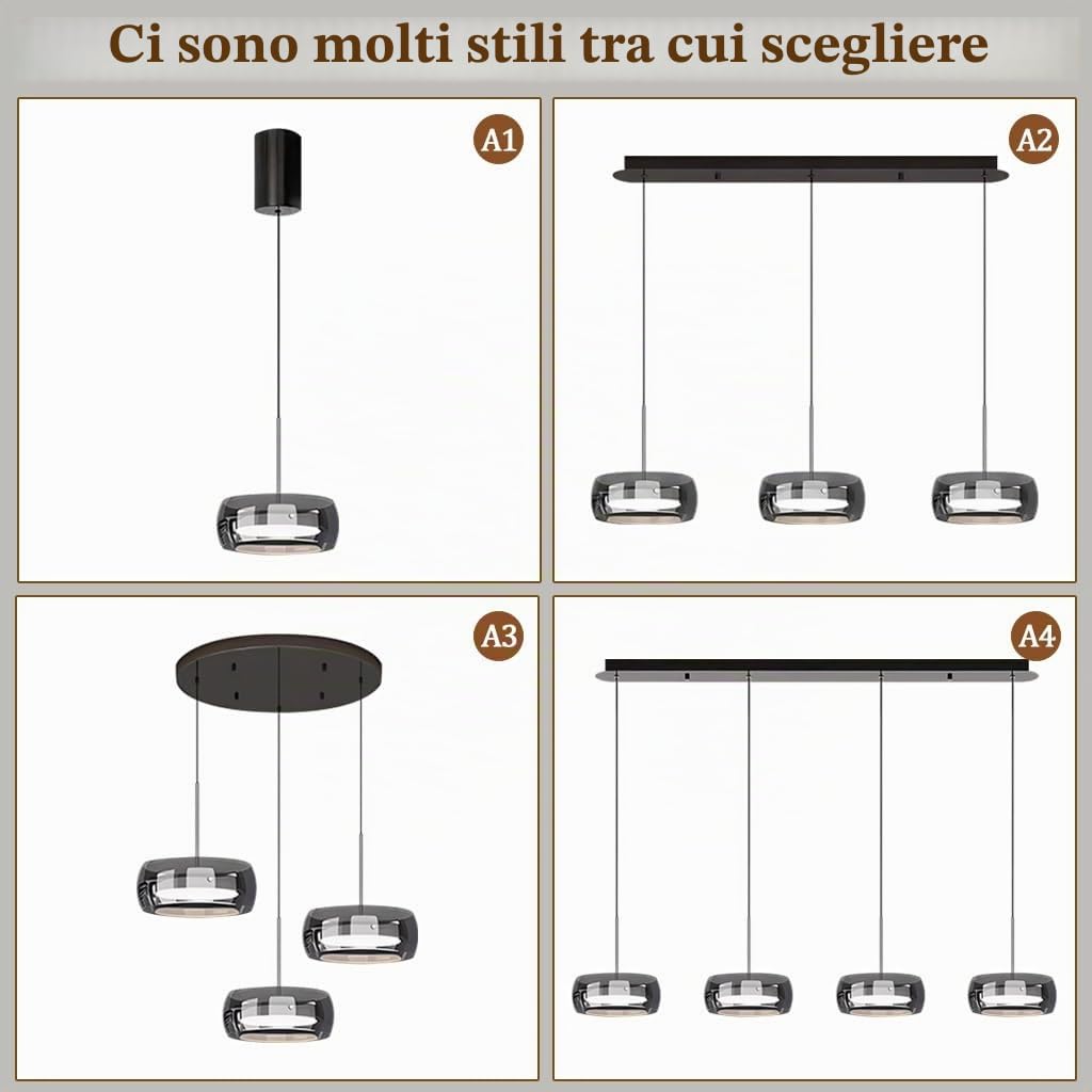 Lampadario Contemporanea A LED Lampada A Sospensione In Vetro Fumé Lampadario In Stile Industriale Lampada Da Pranzo Sospesa Regolabile In Altezza Adatta Per Soggiorno Cucina Camera Da Letto(A4)