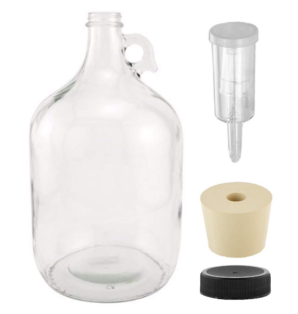 North Mountain Supply - 1G-38-ST-3P-1 1 Gallon Glass Fermenting Jug with Handle, 6.5 Rubber Stopper, 3-Piece Airlock, Black Plastic Lid