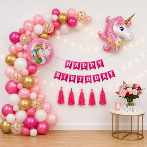 Image of AMFIN (Pack of 58) Unicorn Theme Birthday Decoration Kit Metallic Finish Women Girls Item Pink Multi Head Rainbow