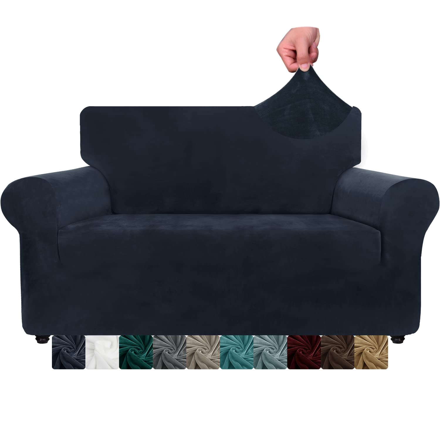 CHELZEN Velvet Couch Covers 2 Seater Thick Stretch Sofa Covers for Dogs Pets Non-Slip Love Seat Couch Slipcover Washable Furniture Protector for Living Room (2 Seater, Navy Blue) โ image 1