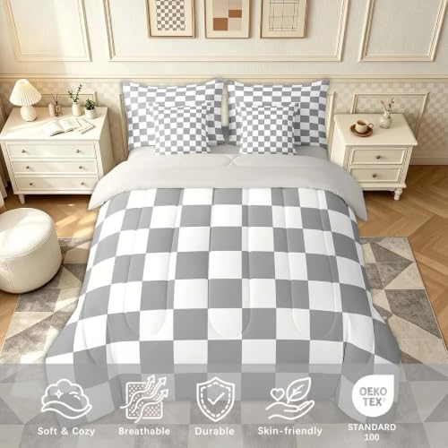Image of Checkered Retro Comforter Set Full Size 7 Pieces Grey Plaid Bedding Set for Kids Boys Girls Geometric Vintage Bed in a Bag Modern Simple Groovy Aesthetic Bedroom Decor All Season Quilted Lightweight