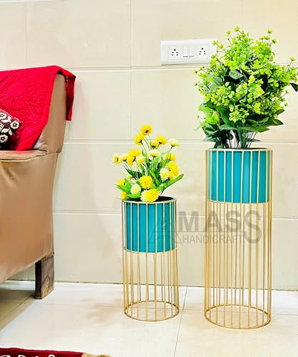 Image of Modern Metal Decorative Floor Standing White And Gold Indoor Outdoor Plant Stand With Pot For Home Decor Living Room Office Bedroom Balcony Set of 2 Flower Pots (Green)