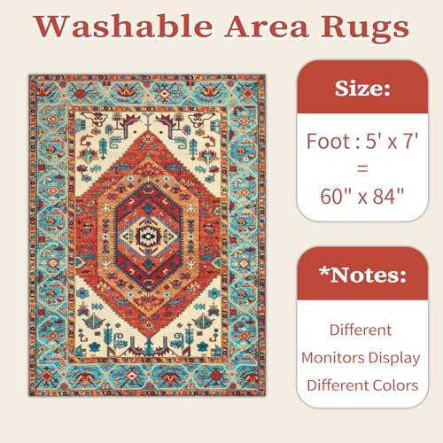 SERISSA Boho Area Rug 5x7 Orange, Washable Large Rugs for Living Room, Ultra Soft Non-Slip Bedroom Rug Print Distressed Vintage Tribal Farmhouse Carpet Rug for Dining Room Dorm Office Home Decor