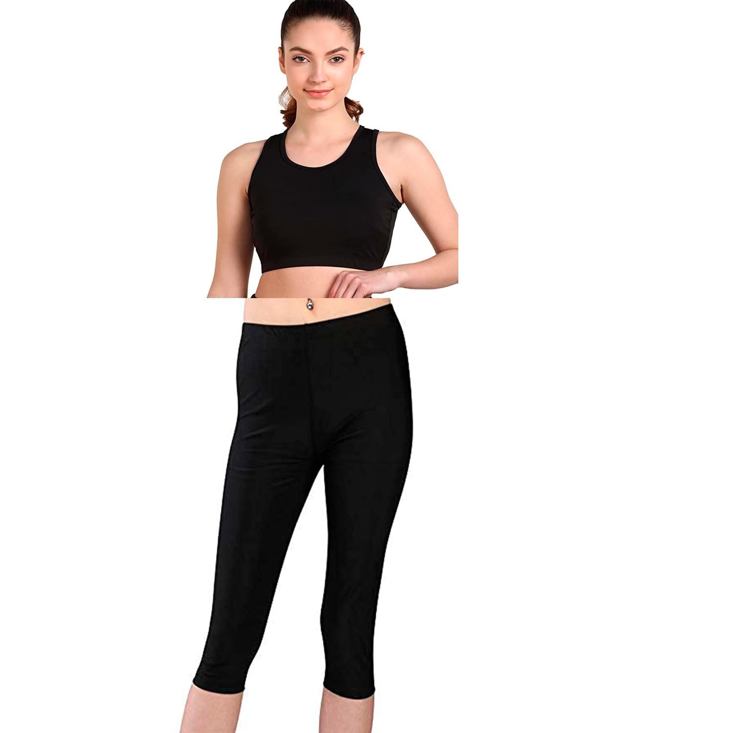 Two Piece Swim Wear/Swim Suit with Solid Black Colour Non Padded Crop Top and Black Capri for Women and Girls-image-39