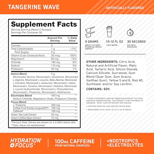 Optimum Nutrition Amino Energy Powder Plus Hydration, with BCAA, Electrolytes, and Caffeine, Tangerine Wave, 30 Servings (Packaging May Vary)