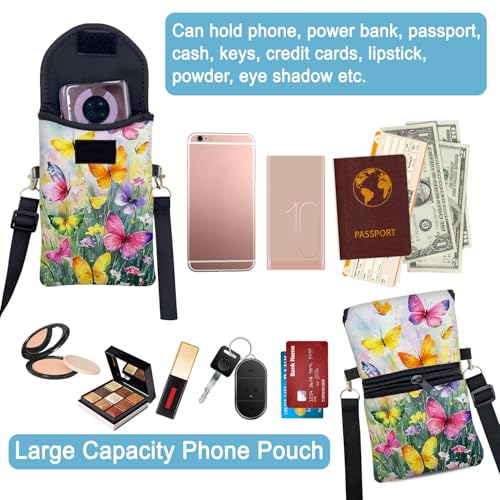 Image of Neoprene Cell Phone Sleeve Pouch Case Bag with Crossbody Strap Neck Lanyard for Women 7.5 X 4.3 in Flower Butterfly