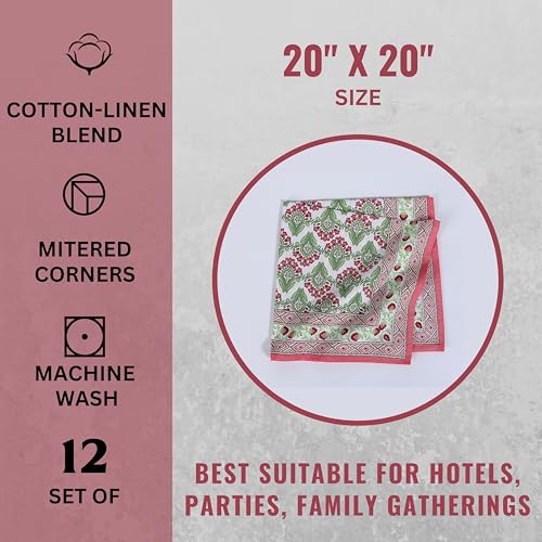 Image of FINGERCRAFT Printed Table Napkins Cotton Linen Blend Dinner Cloth Napkins Perfect for Parties Dinners Weddings Cocktail Christmas Napkins 20x20 Inches (Border Design Camellia Rose)