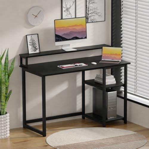 Image of Study Table with Monitor Stand| Small Home Office Desk with Ergonomic Monitor Stand| Reversible Computer Desk| Modern Study Desk| Laptop Desk| Black| 150x60x75 CM