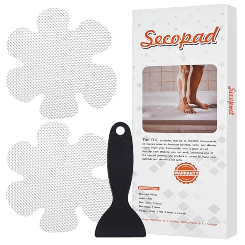 Secopad Anti-Rutsch Aufkleber 24 STK Sicherheitsstreifen für Badewanne, Klebende Sticker mit Premium Schaber für Badewanne, Dusche, Treppe (Farblos)