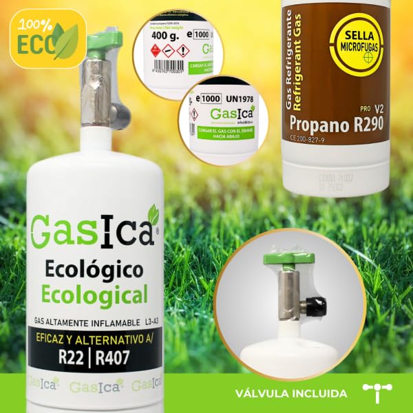 Bilake Gas refrigerante para Aire Acondicionado gasica Gas ecológico Pro V2 propano R290, 400g con Valvula, sustituye Gas R22, R407