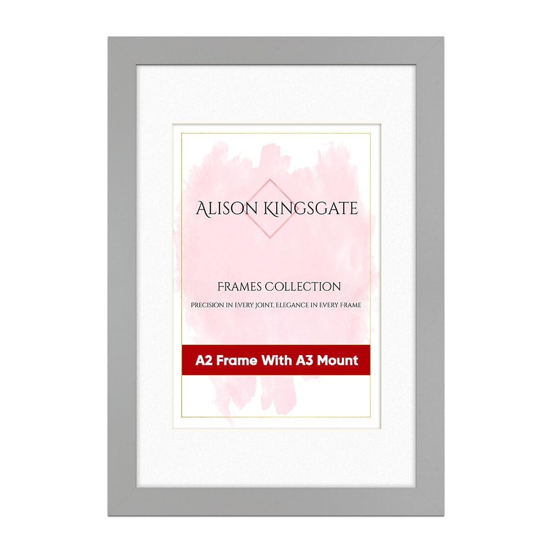 Alison Kingsgate A2 Light Grey Picture Frame with Mount for A3 Photo - Engineered Wood Photo Frame with Precision Cut Cardboard Mount - Ideal for Photos, Posters & Artwork - Wall or Tabletop Display