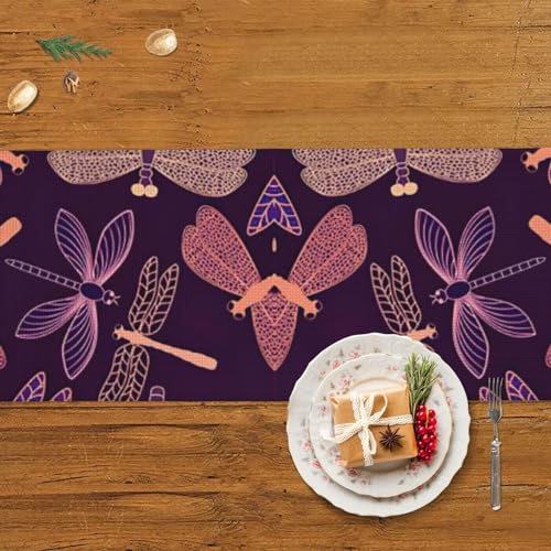 Chemin de table libellule violette avec pompons chics pour décoration de maison