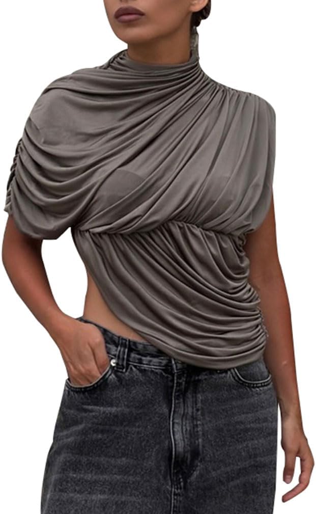 Ruched Mock Neck Tank Crop Tops for Women Ruffle Short Sleeve Wrap Twisted Turtleneck Asymmetrical Blouses Cami T-Shirt - Image 2