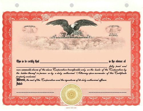 100 Red CorpKit Standard Wording Corporation Stock Certificates (Eagle Border)