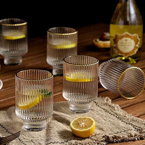 G Meridian Tumbler Glasses Set Of 6, 11.5 Oz Clear With Gold Rim Durable Drinking Highball Cup For Water Soda Juice Milk Coke Beer Spirits Iced Beverage Vintage Style Home Office Desk Everyday Use #TOP5
