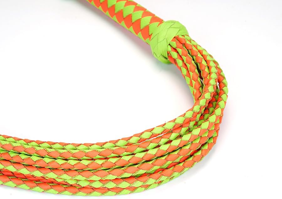 Nature-Inspired Light Green Genuine Leather Cat-O'-Nine-Tails Whip | 16cm Handle & 48cm Portable Tail | Hangable Outdoor Equestrian Whip | Handcrafted Multi-Functional Training Gear (Green & Orange)