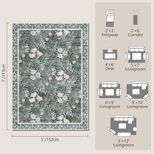Image of Vintage Floral with Ornate Border Washable 5x7 Area Rug, Soft Low Pile Carpet for Living Room, Dining Room Under Table, Bedroom | Non-Slip, Stain Resistant & Durable