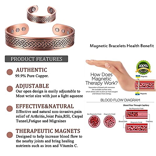Copper Magnetic Bracelet For Couples Men And Women Copper Ring Adjustable Magnetic Bracelet Ring Sets Copper Bracelet Vintage Pain Management Bracelet For Men Carpal Wrist Pain Relief #TOP4