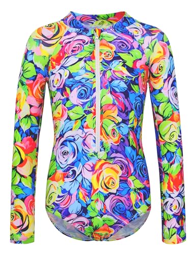 Image of Girls Long Sleeve Swimsuit Zipper Rash Guard Bathing Suit Swimwear with UPF 50+ Sun Protection for Toddler Kids