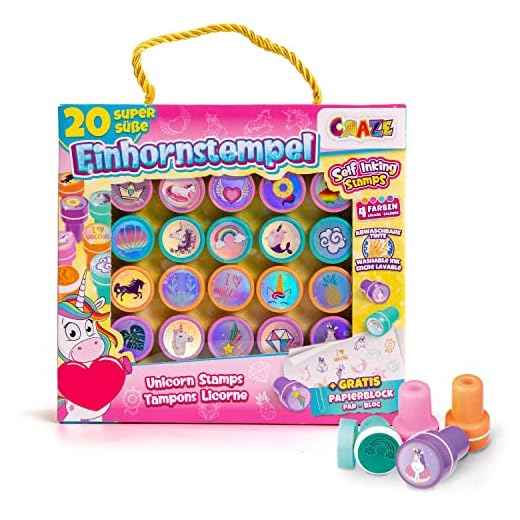 CRAZE Sellos infantiles UNICORNIOS para niñas Tinta Sello Unicornio Juguete Juego de sellos niños Diferentes diseños 4 colores Manualidades niños 29190