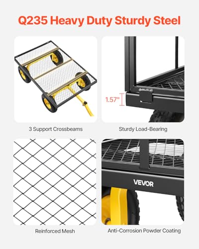 Image of VEVOR Steel Garden Cart, 1400 lbs Heavy Duty Pullable Garden Wagon Yard Cart, 2 in 1 Outdoor Metal Utility Wagon Yard Trailer with 13 inch All Terrain Tires, Mesh Detachable Sides and 180 Rotating Handle