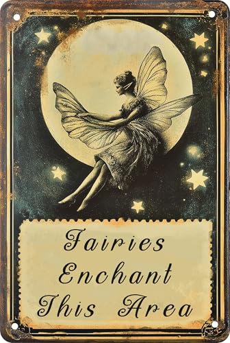 Fairy Tin Sign Wall Art,Garden Metal Poster Wall Decor Plaque Outside,Vintage Fairy Gardens Tin Metal Sign Enchanted for Outdoor Backyards, Coffee Houses Funny Gift for Women, Fairy Lovers 8x12 Inch.