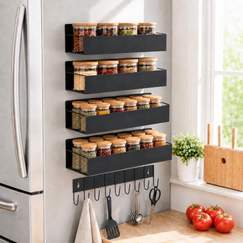 SMRCAD Metal Magnetic Spice Rack 4 Pack with Hook – Heavy-Duty | Iron construction, dust-resistant, fits condiment bottles, includes screws for optional wall mount