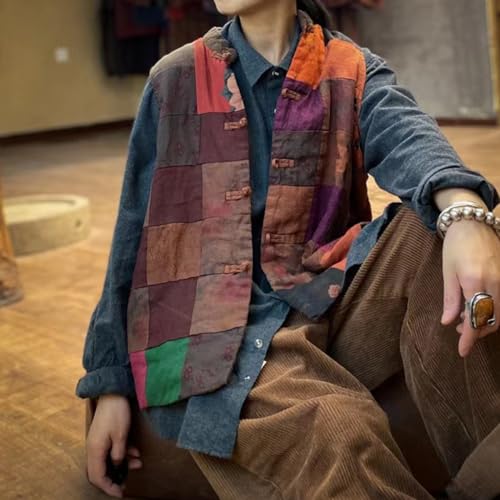 NFYM Women's Coat Many Color Patchwork Vest Open Front Frog Buttons Boho Floral Quilted Gilet Jacket3
