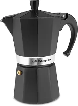 Orbegozo KFN 610 - Cafetera italiana de aluminio, 6 tazas de capacidad, mango ergonómico, válvula de seguridad, filtro desmontable, Color Negro
