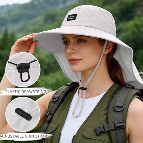 Image of Rosoz Outdoor Sun Hat for Men Women, UPF50+ Protection Safari Cap Wide Brim Mesh Fishing Hat with Neck Flap Beach Garden