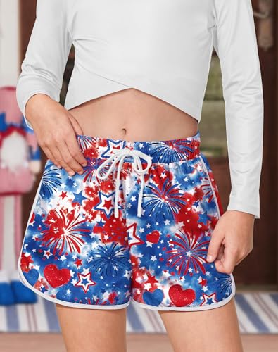 Image of BesserBay Girls 4th of July Elastic Waist Beach Swim Shorts American Flag Trunks with Pockets 5-14 Years
