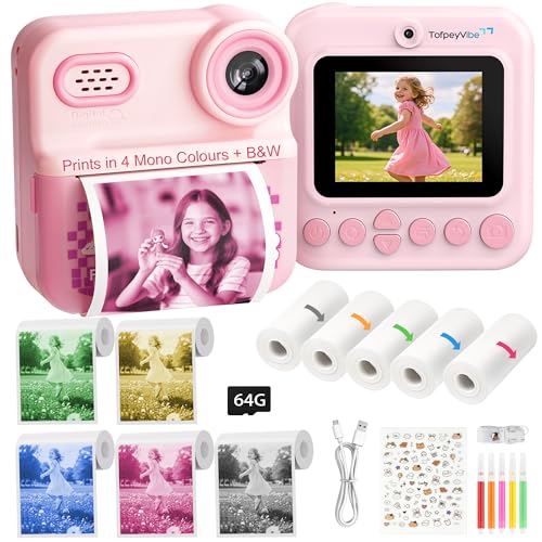 TofpeyVibe Kids Instant Print Camera 48MP Dual Lens 1080P Video 5 Mono Colour Printing (Blue/Green/Yellow/Pink/Black) 2.4 IPS Screen 16 Digital Zoom 64GB Gift Camera for Ages 312