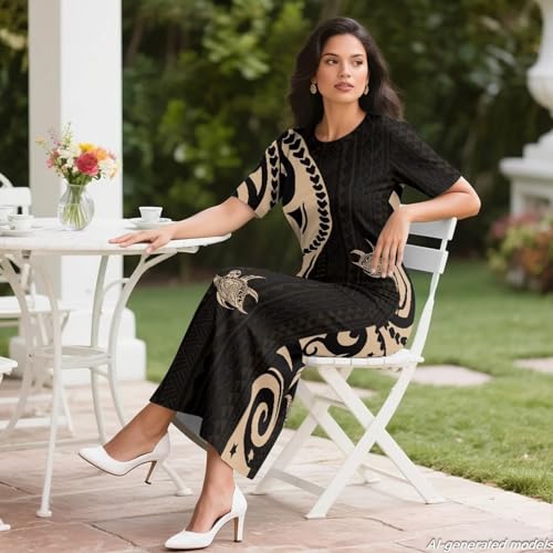 Image of Polynesian Dress for Women Short Sleeve High Waist Maxi Skirt | Puletasi dress, t-shirt and skirt two-piece, elastic material, lightweight, soft, plus size, luau party, wedding, clubwear