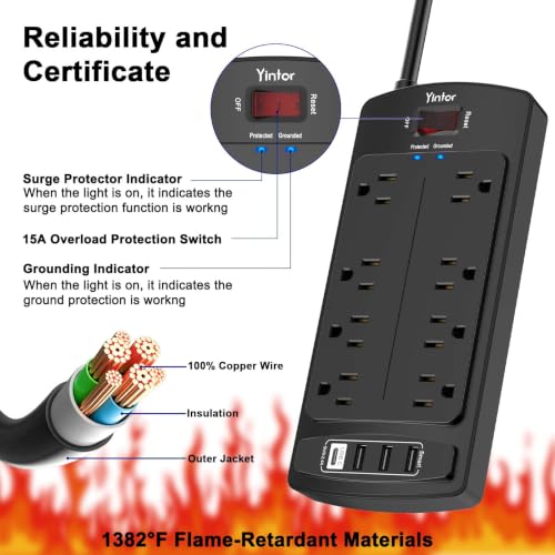 Image of Surge Protector Power Strip, Yintar Flat Plug Extension Cord with 8 AC Outlets and 4 USB Ports, 6 Feet Power Cord, 2700 Joules, ETL Listed, Black
