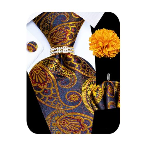 Image of 5PCS Mens Silk Designer Tie, Pocket Square, Cufflinks, Drilled Tie Ring and Lapel Pin Set for Wedding Groom Party