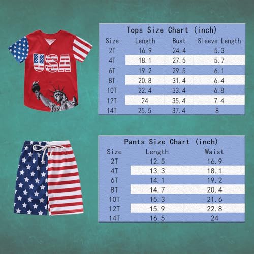 Image of 4th Of July Boys American Flag Button Up Baseball Jersey Shirt Shorts Set for 2-14 Years Kids Independence Day Outfit