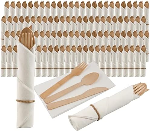 Pre Rolled Napkin and Bamboo Cutlery Set - 100P...