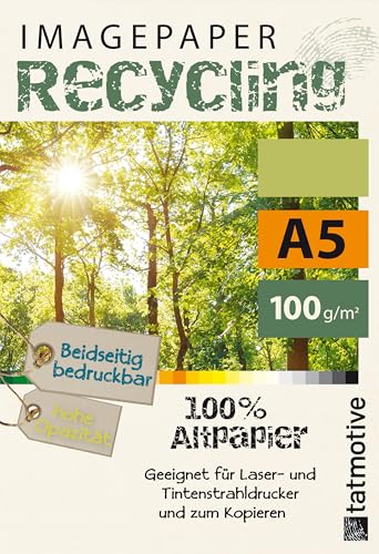 TATMOTIVE Imagepaper Recyclingpapier 100g/qm A5, geeignet für alle Drucker, 500 Blatt Kopierpapier Druckerpapier
