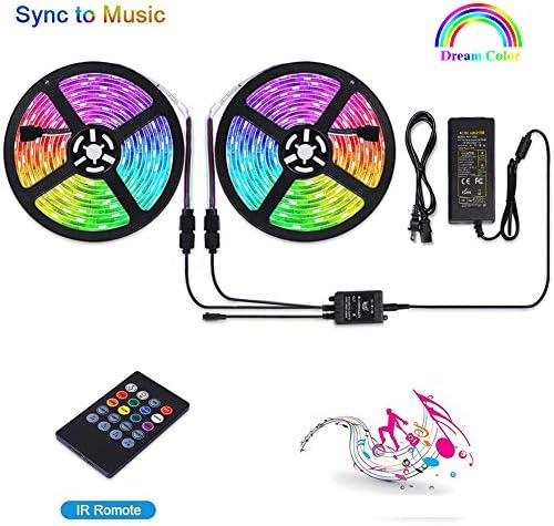 LUNSY RGB LED Light Strips Music Sync, Dimmable Strip Lights with Remote, 32.8 ft/10m, 12V, Waterproof, Rope Lights Outdoor, Sound Activated, 300 LED 5050