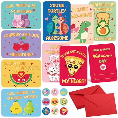 Thboxes 36 Pack Valentines Day Cards for Kids School, Funny Valentines Cards for Kids Classroom, 9 Assorted Designs Cartoon Valentine Card Set with Envelopes & Stickers for Boys Girls - 3.5 x 5 in